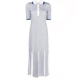 Remain- Blue and White Chevron Split Skirt Shortsleeve Button Down Midi Dress